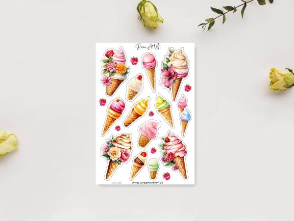 Aufkleber-Set mit verschiedenen Eiscreme-Motiven, darunter Eistüten mit Blumen und Früchten, gestaltet von DreamArt VM, präsentiert auf einem weißen Hintergrund mit gelben Rosen.